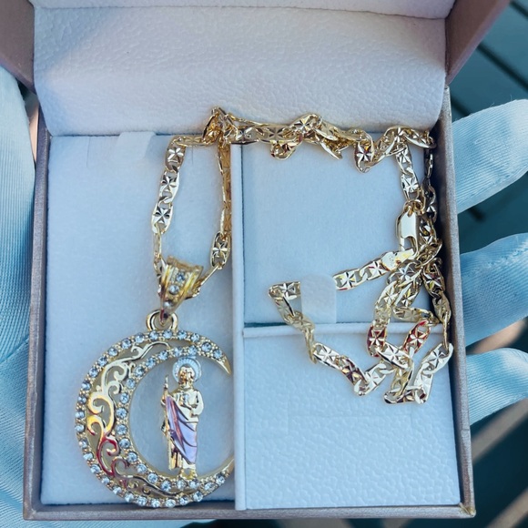 St. Jude Pendant with 18k Gold Necklace, White CZ Stones - Picture 1 of 6